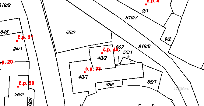Pištín 45 na parcele st. 40/2 v KÚ Pištín, Katastrální mapa