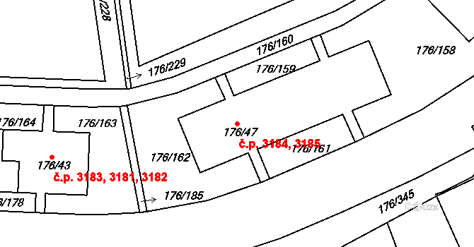 Severní Terasa 3184,3185, Ústí nad Labem na parcele st. 176/47 v KÚ Dobětice, Katastrální mapa