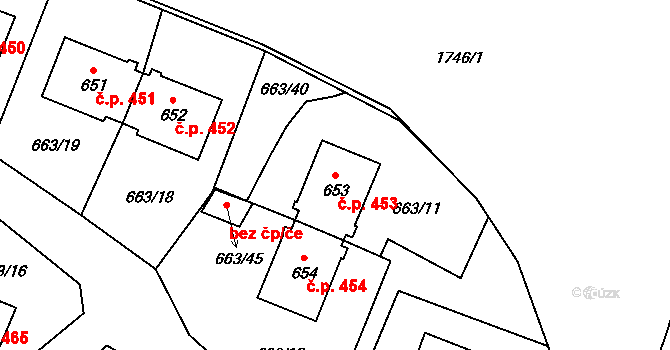 Milovice 453 na parcele st. 653 v KÚ Milovice nad Labem, Katastrální mapa