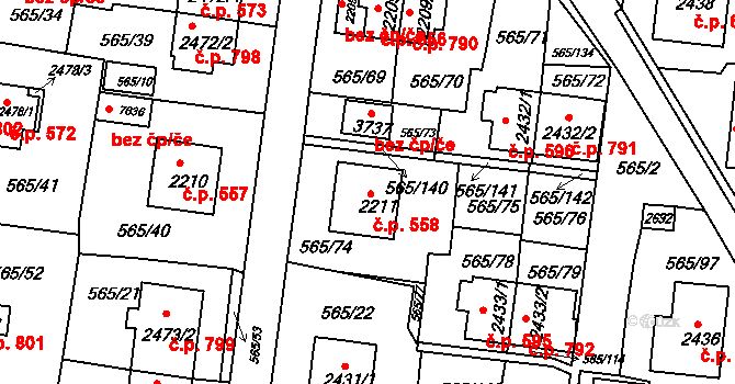 Borovina 558, Třebíč na parcele st. 2211 v KÚ Třebíč, Katastrální mapa