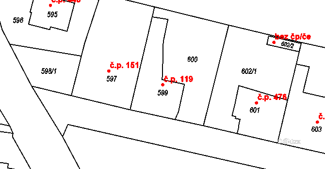 Starý Bohumín 119, Bohumín na parcele st. 599 v KÚ Starý Bohumín, Katastrální mapa