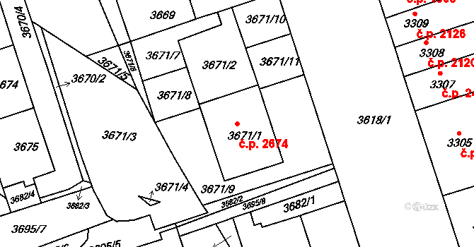 Královo Pole 2674, Brno na parcele st. 3671/1 v KÚ Královo Pole, Katastrální mapa