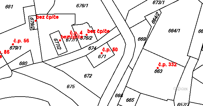 Sobědruhy 50, Teplice na parcele st. 671 v KÚ Sobědruhy, Katastrální mapa