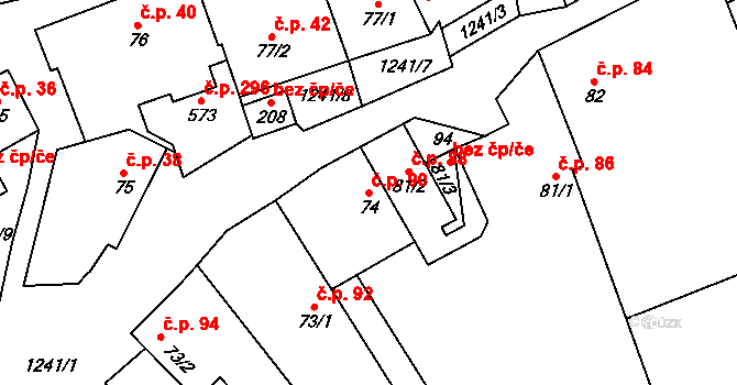 Liběchov 90 na parcele st. 74 v KÚ Liběchov, Katastrální mapa