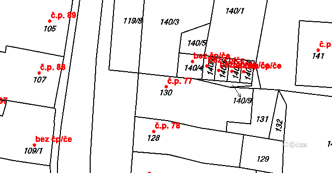 Hostomice 77 na parcele st. 130 v KÚ Hostomice pod Brdy, Katastrální mapa