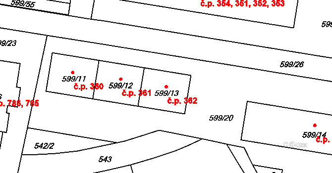 Prosek 362, Praha na parcele st. 599/13 v KÚ Prosek, Katastrální mapa