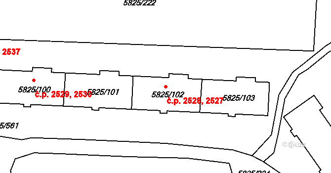 Česká Lípa 2527,2528 na parcele st. 5825/102 v KÚ Česká Lípa, Katastrální mapa