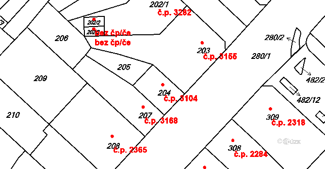Chomutov 3104 na parcele st. 204 v KÚ Chomutov II, Katastrální mapa