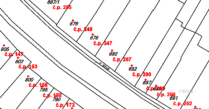 Blučina 287 na parcele st. 680 v KÚ Blučina, Katastrální mapa