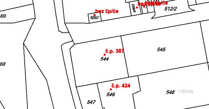 Louky 387, Karviná na parcele st. 544 v KÚ Louky nad Olší, Katastrální mapa