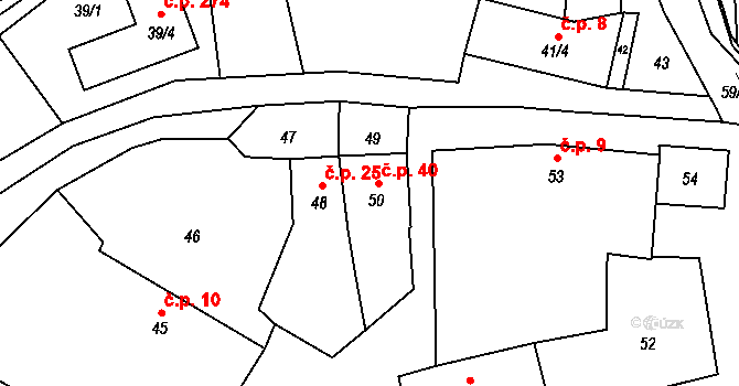 Rebešovice 40 na parcele st. 50 v KÚ Rebešovice, Katastrální mapa