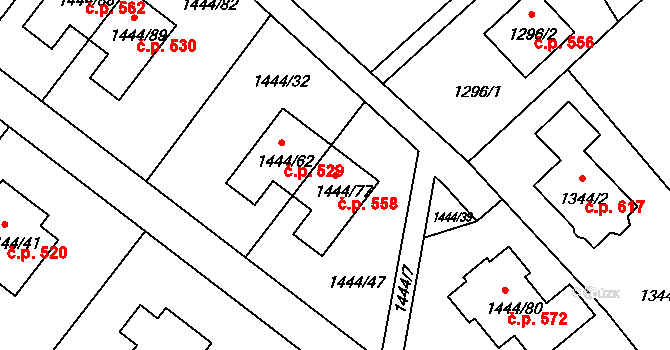 Štípa 558, Zlín na parcele st. 1444/77 v KÚ Štípa, Katastrální mapa