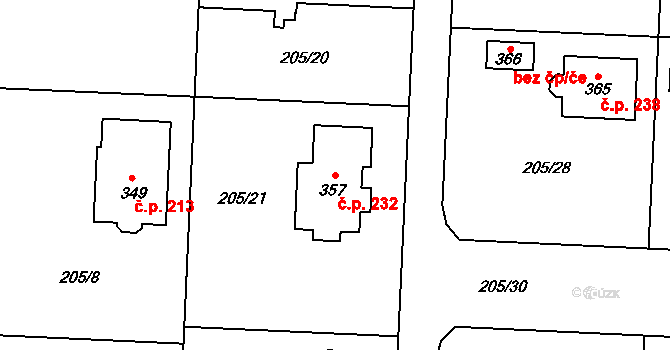 Vysoká nad Labem 232 na parcele st. 357 v KÚ Vysoká nad Labem, Katastrální mapa