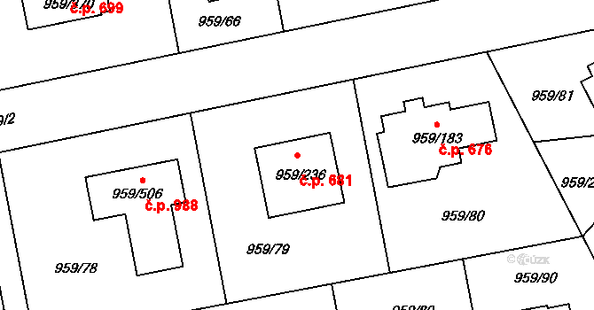 Průhonice 681 na parcele st. 959/236 v KÚ Průhonice, Katastrální mapa