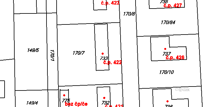 Louky 422, Zlín na parcele st. 733 v KÚ Louky nad Dřevnicí, Katastrální mapa