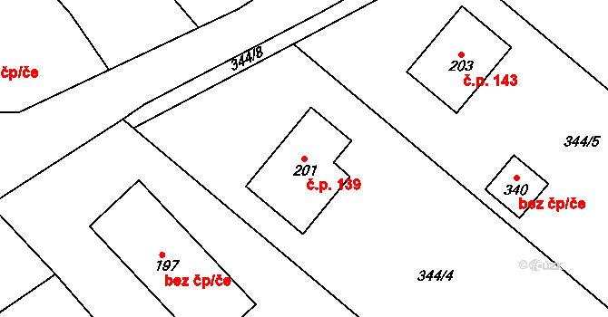 Konětopy 139 na parcele st. 201 v KÚ Konětopy, Katastrální mapa
