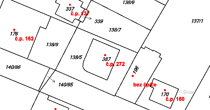 Kojetice 272 na parcele st. 387 v KÚ Kojetice u Prahy, Katastrální mapa