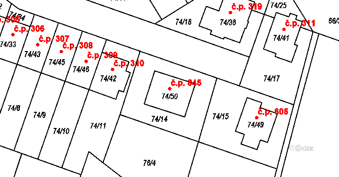 Stará Pohůrka 845, Srubec na parcele st. 74/50 v KÚ Srubec, Katastrální mapa