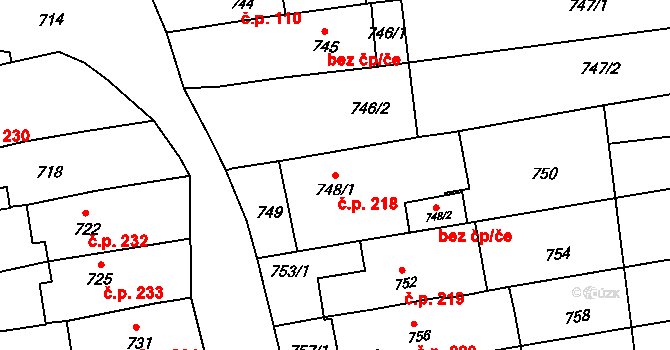 Milešovice 218 na parcele st. 748/1 v KÚ Milešovice, Katastrální mapa