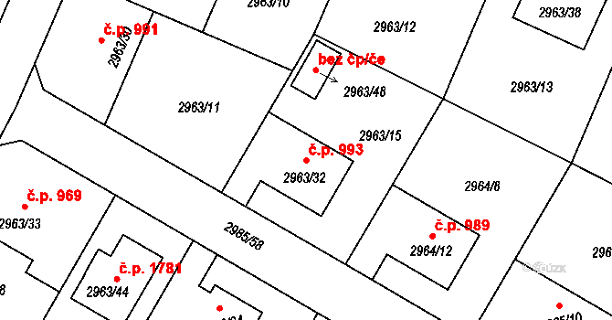Hlučín 993 na parcele st. 2963/32 v KÚ Hlučín, Katastrální mapa