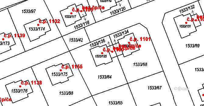 Řeporyje 1100, Praha na parcele st. 1533/135 v KÚ Řeporyje, Katastrální mapa