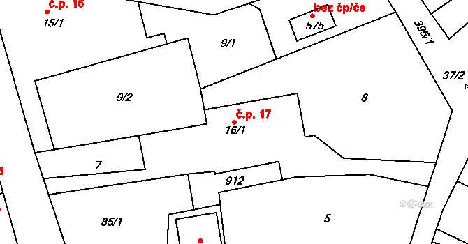 Třemošnice 17 na parcele st. 16/1 v KÚ Třemošnice nad Doubravou, Katastrální mapa