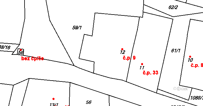 Chrbonín 9 na parcele st. 12 v KÚ Chrbonín, Katastrální mapa