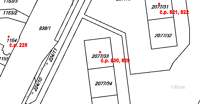 Třemošná 829,830 na parcele st. 2077/33 v KÚ Třemošná, Katastrální mapa