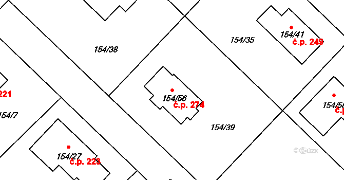 Žabeň 274 na parcele st. 154/56 v KÚ Žabeň, Katastrální mapa