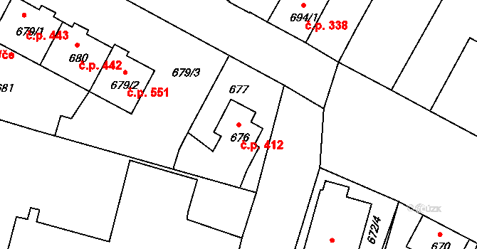 Kamenice nad Lipou 412 na parcele st. 676 v KÚ Kamenice nad Lipou, Katastrální mapa