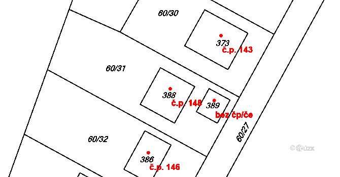 Srbice 148 na parcele st. 388 v KÚ Srbice, Katastrální mapa