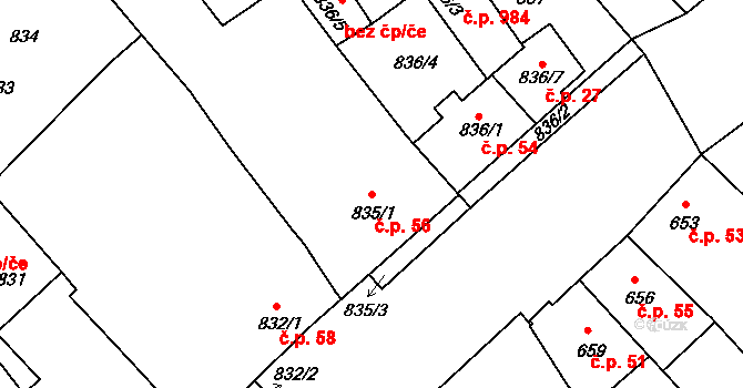 Valtice 56 na parcele st. 835/1 v KÚ Valtice, Katastrální mapa