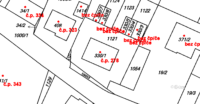Přímětice 278, Znojmo na parcele st. 330/1 v KÚ Přímětice, Katastrální mapa