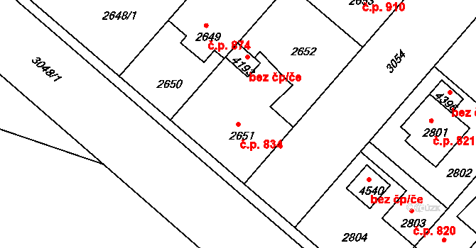 Čelákovice 834 na parcele st. 2651 v KÚ Čelákovice, Katastrální mapa
