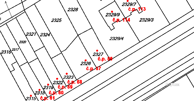 Nouzka 56, Vyškov na parcele st. 2327 v KÚ Vyškov, Katastrální mapa
