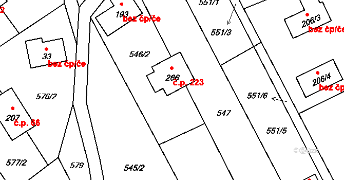 Hrádek 223 na parcele st. 266 v KÚ Hrádek, Katastrální mapa