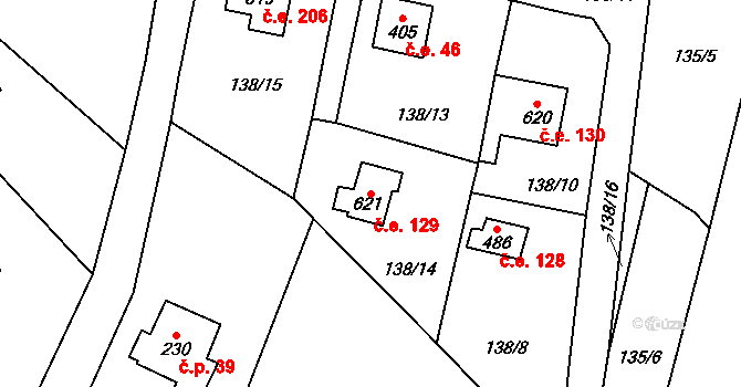 Javorník 129, Čtyřkoly na parcele st. 621 v KÚ Čtyřkoly, Katastrální mapa
