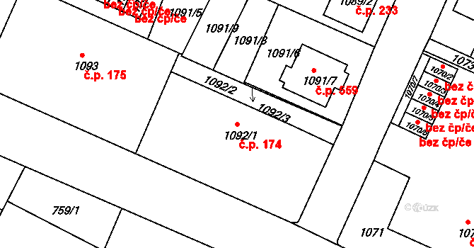 Dačice V 174, Dačice na parcele st. 1092/1 v KÚ Dačice, Katastrální mapa