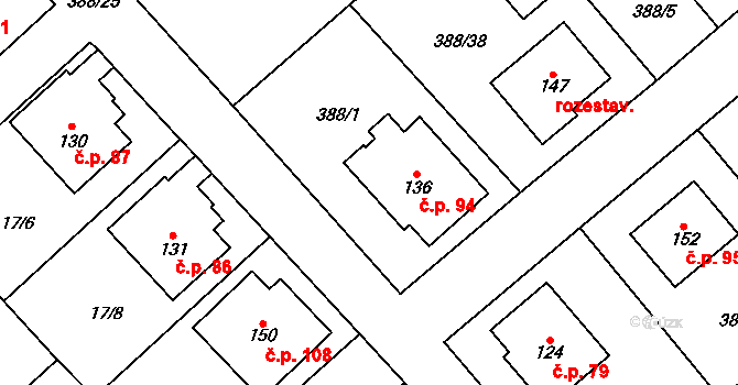 Horní Stakory 94, Kosmonosy na parcele st. 136 v KÚ Horní Stakory, Katastrální mapa