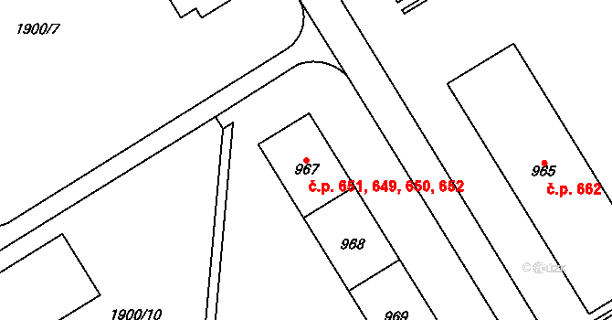 Uničov 649,650,651,652 na parcele st. 967 v KÚ Uničov, Katastrální mapa