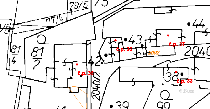 Ředhošť 36, Mšené-lázně na parcele st. 42 v KÚ Ředhošť, Katastrální mapa