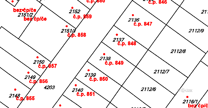 Roudnice nad Labem 849 na parcele st. 2138 v KÚ Roudnice nad Labem, Katastrální mapa