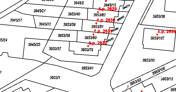 Roudnice nad Labem 2632 na parcele st. 3953/79 v KÚ Roudnice nad Labem, Katastrální mapa