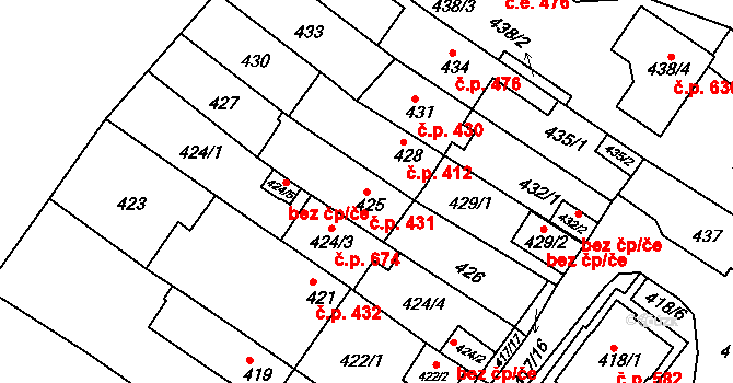 Obřany 431, Brno na parcele st. 425 v KÚ Obřany, Katastrální mapa