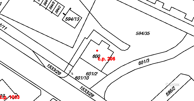 Ráj 206, Karviná na parcele st. 600 v KÚ Ráj, Katastrální mapa