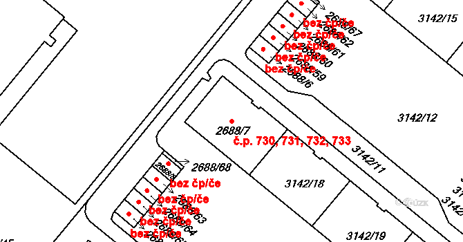 Lobzy 730,731,732,733, Plzeň na parcele st. 2688/7 v KÚ Plzeň, Katastrální mapa