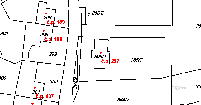 Mstišov 297, Dubí na parcele st. 365/4 v KÚ Mstišov, Katastrální mapa