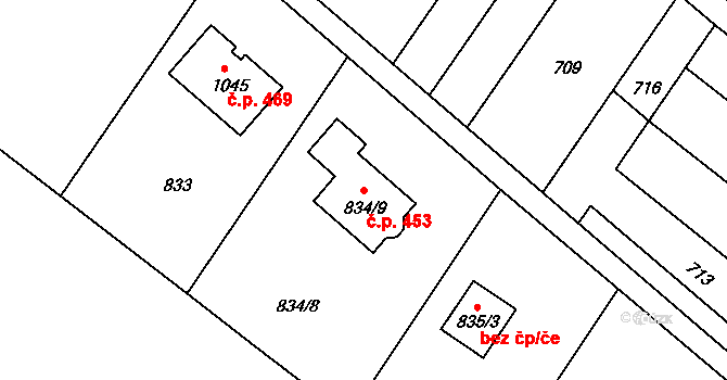 Křelov 453, Křelov-Břuchotín na parcele st. 834/9 v KÚ Křelov, Katastrální mapa