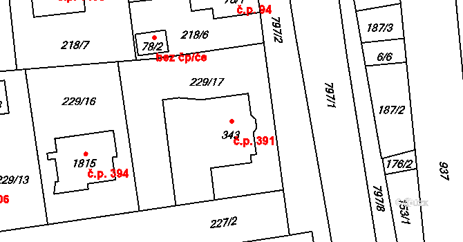 Hrabůvka 391, Ostrava na parcele st. 343 v KÚ Hrabůvka, Katastrální mapa