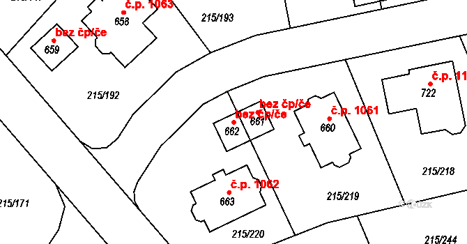 Rudná 43058647 na parcele st. 662 v KÚ Hořelice, Katastrální mapa